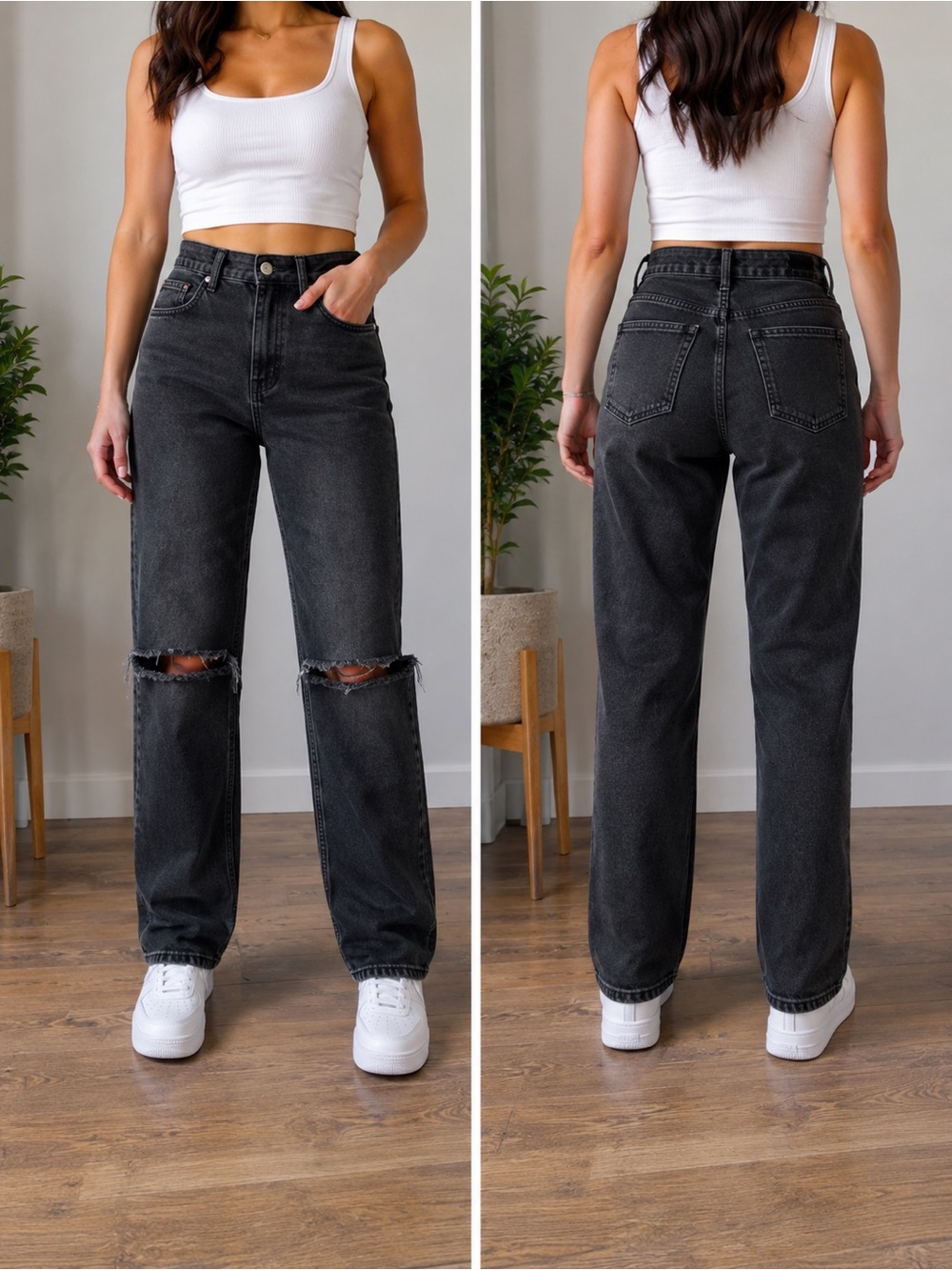 ZARA High Rise Black Distressed Straight Leg Jeans
